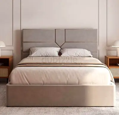 New King Size Upholstered Bed with Padded Headboard - Beige