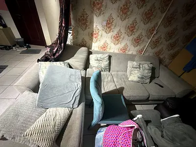 Light grey L-shaped sectional sofa - good condition with four chairs