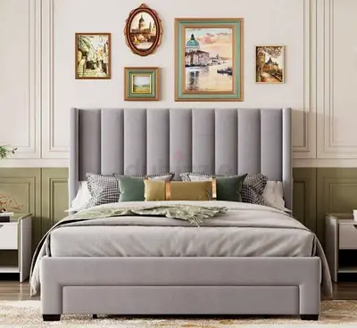 Upholstered Velvet King Bed with Tall Channel-Tufted Headboard - Light Grey