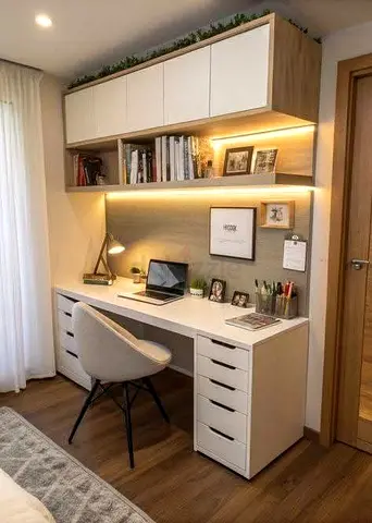 Built-in white desk with overhead cabinets and shelving — good condition