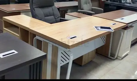 L-shaped Office Desk with Cable Management - Light Wood Finish