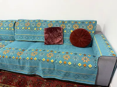 3+4seater sofa Gray color with patterned cover and cushions+ two side tables