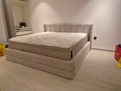 King-size upholstered bed frame with - light grey color