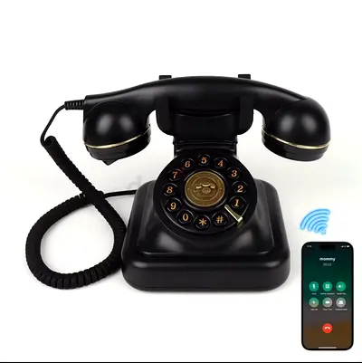 Retro Rotary-Style Landline Phone with Smartphone Compatibility (Black)