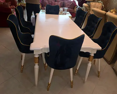 White Wooden Dining Table with 8 Navy Velvet Chairs