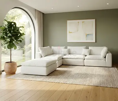Modern L-Shape Feather Sofa with extra-soft cushions and elegant finish. Perfect for living rooms o