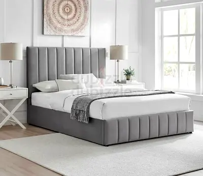 New Grey Upholstered King Bed with Padded Headboard and Storage Base