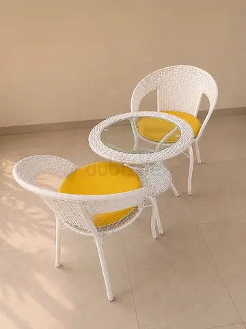 White Wicker Bistro Set with Glass Top Table and Yellow Cushions