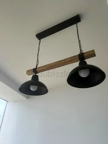 Industrial double pendant ceiling light with wooden beam