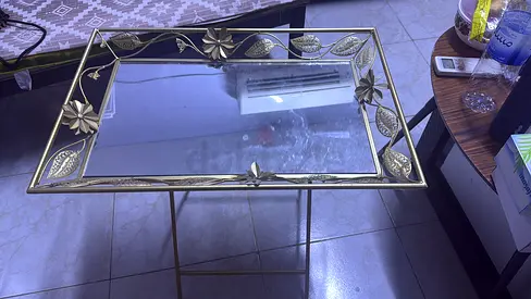Glass Top Side Table with Decorative Gold Metal Frame