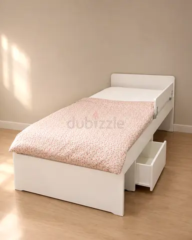 White Toddler Bed with Storage Drawer and Safety Rail