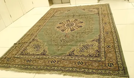 Light Green Traditional Wool Area Rug with Floral Medallion - Good Condition