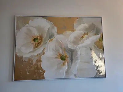 Large Framed Floral Canvas Painting — White Poppies on Gold Background - 118x78cms