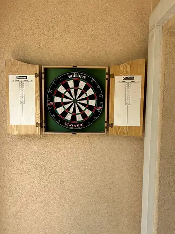 Dartboard set with wooden cabinet and scoreboards n4 new sets darts  - used but good condition
