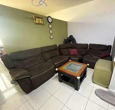 Large Brown L-shaped Fabric Sofa Set — Comfortable Corner Recliner