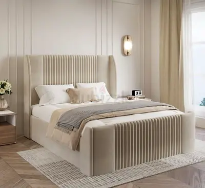 Customised Modern Upholstered Bed Frame with Ribbed Headboard