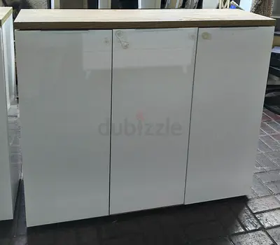 White Gloss 3-Door Storage Cabinet with Wood Top