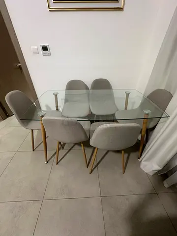 Glass Top Dining Table with 4 Grey Fabric Chairs (Brand New, Flawless Condition)