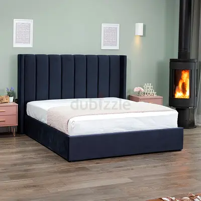 Modern Upholstered King Bed with Tall Channel Headboard - Dark Blue