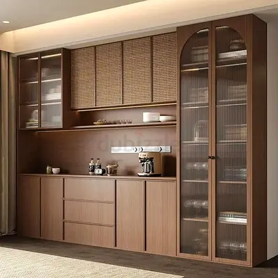 Custom Built-in Wooden Kitchen Cabinet with Glass Display & Shelving