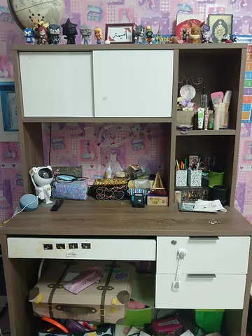 Wooden Study Desk with Overhead Shelves and Cabinets - Good Condition