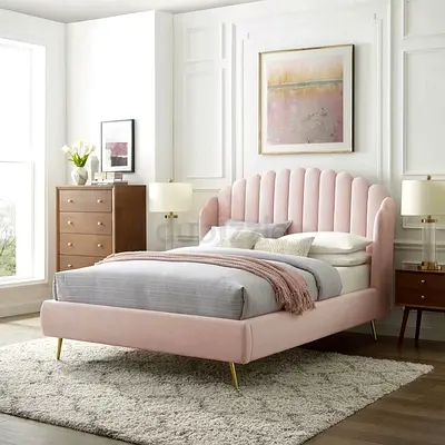 Modern Pink Velvet Scalloped Bed Frame