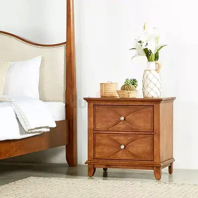 Four-Poster Wooden Bed with Upholstered Headboard - King Size with 2 nightstand and 1 dresser