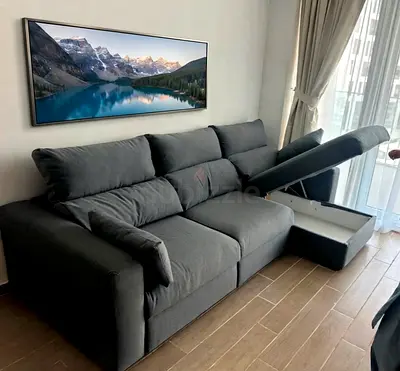 Premium fabric sofa bed with smooth pull-out sleeping function. Storage compartment included. Availa