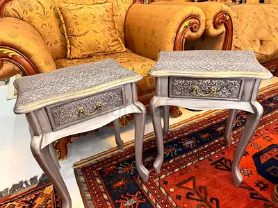 Pair of Vintage-style Carved Wooden Side Tables with Drawers