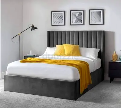 New Grey Velvet King Size Bed with Padded Headboard and Mattress