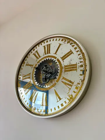 Large Vintage-Style Wall Clock with Exposed Gears