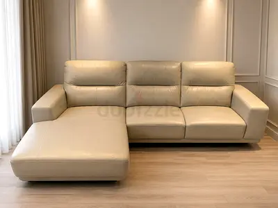 Beige Leather L-Shaped Sectional Sofa