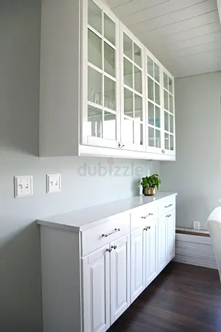 White Wall-Mounted Glass-Front Cabinets with Base Cupboards (Set)