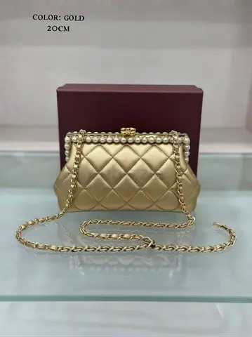 Chanel Gold Quilted Pearl-Trim Chain Shoulder Bag - 20cm