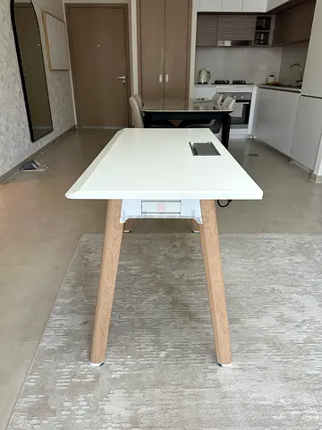 Minimalist White Office Desk with Oak Legs - Good Condition