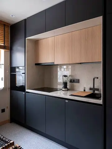 Modern Custom made Matte Black & Light Wood Kitchen Cabinet Set in Dubai