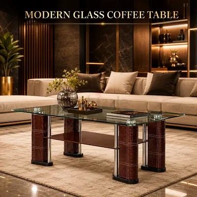 Modern Brown Glass Coffee Table – Stylish Center Table for Living Rooms