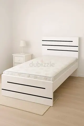 New Single white wooden bed frame with mattress - modern design