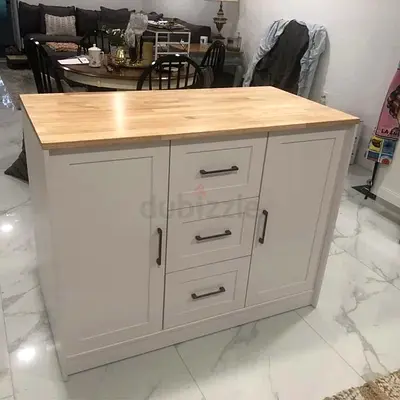 White Kitchen Island with Wooden Top and Storage Drawers