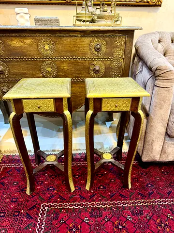 Pair of Vintage Brass-Inlaid Wooden Side Tables / Stools