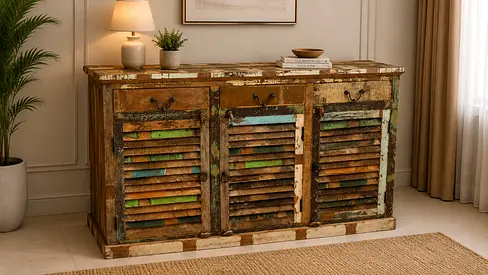 Marina Home Vintage Solid Wood Sideboard Storage Cabinet with Shutter Doors