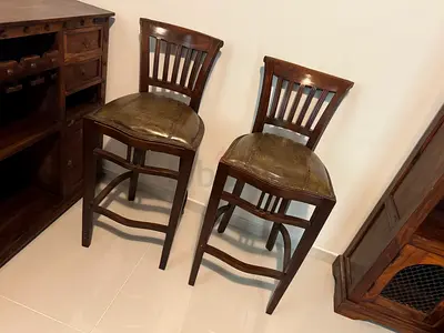 Set of 2 Wooden Bar Stools with Padded Seats - Dark Finish