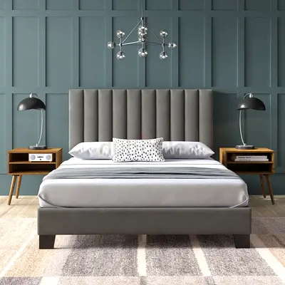 Modern Grey Upholstered Bed with Tall Channel Headboard - King Size