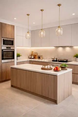 Modern light wood kitchen island with pendant lights - good condition
