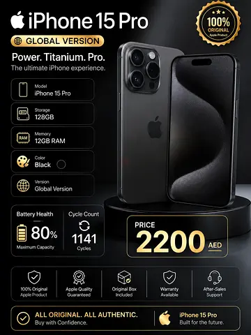 iPhone 15 Pro 128GB Black (Global) - Good Battery 80% | 12GB RAM