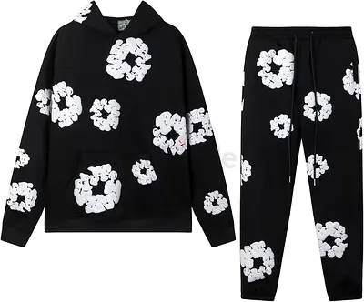 Black Hoodie and Joggers Set with White Floral Print – Men’s Loungewear