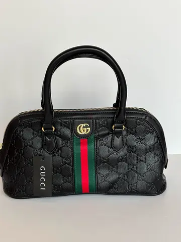 Black Gucci small bowling handbag with green-red web stripe