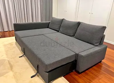 Grey L-shaped Sofa Bed with Pull-out Extension
