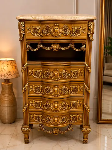 Ornate Vintage-Style Gold Chest with Marble Top - 5 Drawers