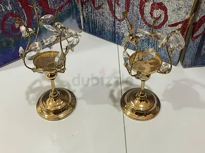 Pair of vintage brass crystal decorative candle holders